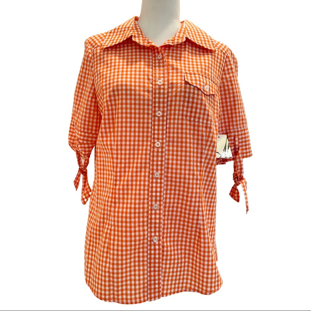 Milly Short Sleeve Button Down Orange White Plaid Blouse